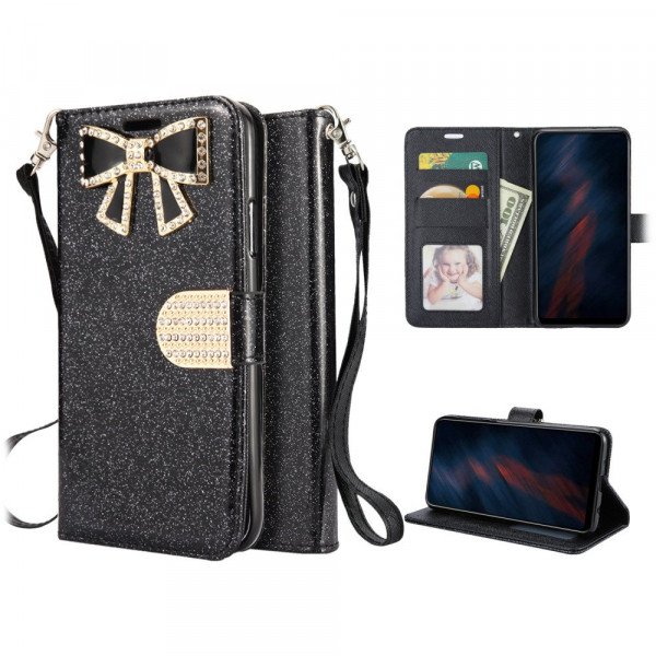 Wholesale Ribbon Bow Crystal Diamond Wallet Case for Samsung Galaxy A71 5G (Black)